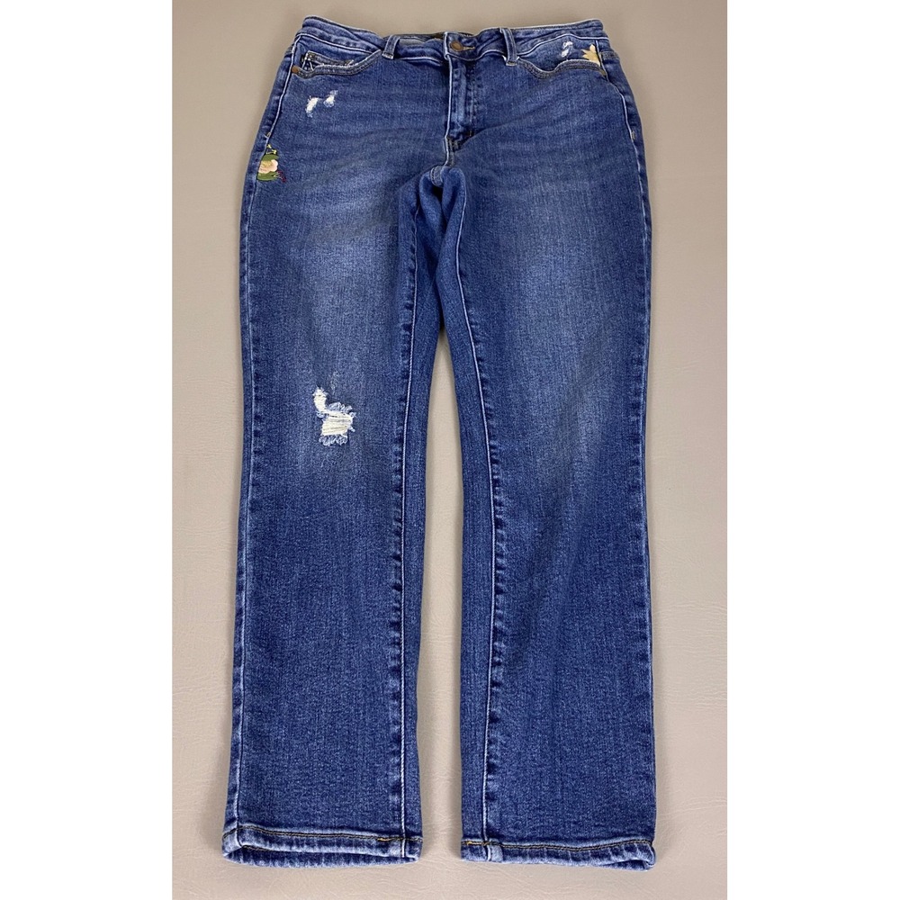Judy Blue Boyfriend Jeans Size 11/30 Medium Wash Floral Embroidered Distressed